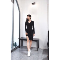 KF447 Đầm ôm body cổ tim tay dài xẻ đùi