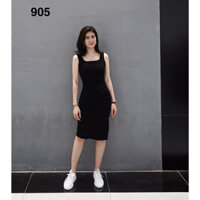 KF905 Đầm ôm body 3 lỗ cổ vuông nhúng eo trái xẻ sườn trái