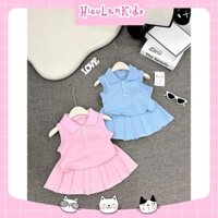 KH15 - Set bộ bé gái, Set áo cotton cổ bẻ sát nách hình thêu kèm chân váy xếp ly cho bé gái