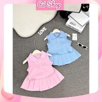 KH15, Set bộ bé gái, Set áo cotton cổ bẻ sát nách hình thêu kèm chân váy xếp ly cho bé gái
