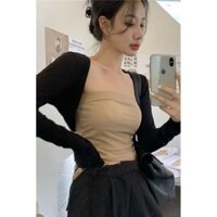 [Khăn choàng] Áo khoác len đen cho phụ nữ, áo che nắng mỏng mùa hè, áo khoác ngoài có dây đeo, áo ngắn phong cách Pure Desire