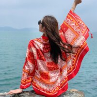 Khăn choàng boho đi biển khăn choàng thổ cẩm họa tiết vuông - Mã VS009 - Màu đỏ