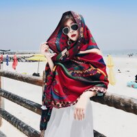 Khăn choàng boho đi biển  Khăn choàng thổ cẩm đỏ - Mã LN006
