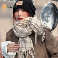 Khăn choàng Cashmere mùa đông MKEB, Khăn len kẻ sọc tua rua sang trọng, Khăn quàng cổ phong cách Hàn Quốc thanh lịch Khăn choàng Cashmere cổ điển Khăn choàng dài màu xanh lá cây thu đông