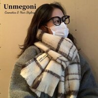 Khăn choàng Cashmere UNMEGONI, Khăn kẻ sọc mềm màu trắng, Khăn choàng tua rua Mohair dày thời trang mùa đông ấm áp dành cho nữ