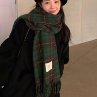 Khăn Choàng Cổ Giữ Ấm Họa Tiết Sọc Caro Trắng Xanh Lá Phong Cách retro