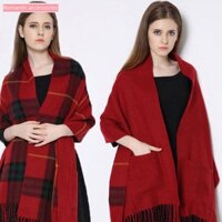 Khăn Choàng Cổ Hai Mặt Bằng Len cashmere Họa Tiết Kẻ Sọc Có Túi Tua Rua Thời Trang Lãng Mạn Cho Nữ