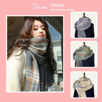 Khăn choàng cổ len unisex nam nữ, Khăn cashmere len họa tiết caro phối tua rua thời trang thu đông - Mã LN050