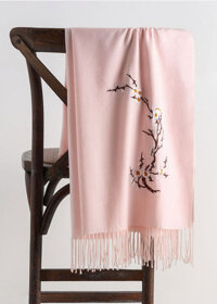 Khăn choàng khăn len quàng cổ nữ thêu hoa Cashmere chất len dệt mịn - Hồng cánh sen
