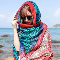 Khăn Choàng Nữ Chống Nắng Đi Biển, Khăn Thổ Cẩm Boho Màu Xanh Dương Họa Tiết Hình Tròn Viền Đỏ (180cm*90cm) - KLĐB003