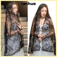 Khăn choàng nữ LANHUA, Khăn che mặt công giáo dài hoa, Đầu cô dâu ren màu đen Mantilla