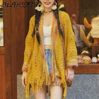 Khăn choàng phong cách dân tộc ALARION, Áo khoác Khăn choàng dệt kim đầy màu sắc dành cho nữ, Khăn quàng cổ dài tay Ins tua rua thanh lịch Xuân Thu