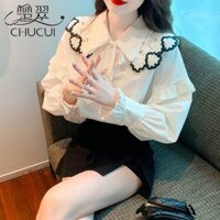 Khăn choàng ren cổ búp bê dài tay Áo sơ mi nữ mùa thu Thiết kế kiểu Pháp Áo voan độc đáo