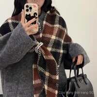 Khăn choàng tam giác kẻ sọc phong cách đất hoang cổ điển Hàn Quốc, khăn len dày dặn ấm áp mặc bên ngoài cuối thu dễ phối thu đông