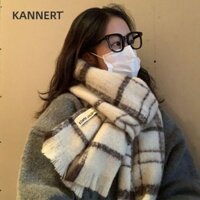 Khăn Kẻ Sọc KANNERT, Khăn Cashmere Trắng Mềm Mại, Khăn Choàng Mùa Đông Ấm Áp Mohair Tua Rua Nữ