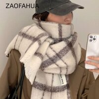 Khăn kẻ sọc ZAOFAHUA, Khăn choàng Cashmere mềm màu trắng, Khăn choàng dài mùa đông dày thanh lịch dành cho nữ