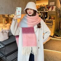 Khăn len bóng Khăn choàng sọc ấm áp cầu vồng dopamine cho bé gái mùa thu đông, kết hợp với khăn tua rua Hàn Quốc