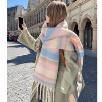 Khăn len choàng cổ mohair kẻ sọc cầu vồng kẻ sọc tua rua phong cách Hàn Quốc