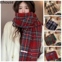 Khăn len kẻ sọc TTHOUSE, Khăn choàng Cashmere tua rua Khăn choàng Cashmere mùa đông, Làm dày sang trọng Retro Màu xanh lá cây Phong cách Hàn Quốc Khăn quàng cổ Cape Quấn mùa thu đông