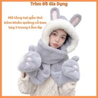 Khăn mũ len ấm áp, Mũ lông tai gấu thỏ kèm khăn quàng cổ, bao tay 3 trong 1, Set Women Nhung Bông siêu ấm giữ nhiệt mùa