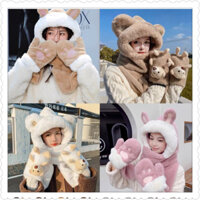 Khăn mũ lông trùm đầu kèm gấu đút tay siêu mềm mịn , phụ kiện thời trang hàn quốc Mùa Thu Đông Mũ Nữ Ấm Khăn Găng Tay