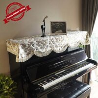 Khăn phủ đàn Piano nhung vàng thêu hoa tua rua mềm KU-06A