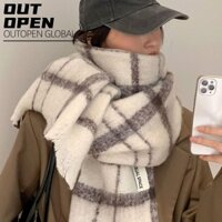 Khăn quàng cổ Cashmere OUTOPEN, Khăn kẻ sọc mềm màu trắng, Khăn choàng tua rua mùa đông ấm áp thời trang dành cho nữ