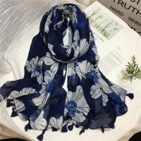 Khăn quàng cổ Phiên Bản Hàn Quốc Nữ Mùa Hè Vải Lanh Cotton Phong Cách Dân Tộc Phù Hợp Với Màu Xanh Hải Quân Khăn Choàng Hoa Lớn Dài Chống Gió Đi Biển Khăn