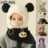 Khăn quàng mũ HZLING, Mũ beanie ấm hai lớp, Mặt gấu trúc dày chống gió dễ thương cho bé trai bé gái