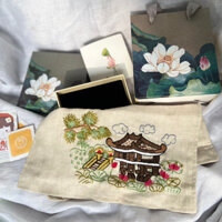 KHĂN TAY LINEN TƯNG PREMIUM WASHED thêu chùa một cột 2 lớp