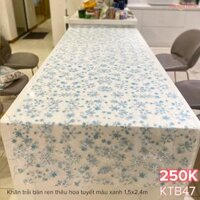 Khăn trải bàn chữ nhật ren thêu hoa tuyết màu xanh 1,5x2,4m KTB47
