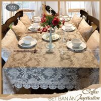 Khăn trải bàn chữ nhật VƯỜN XƯA vải ren mềm màu be nâu cafe KBCI-CN