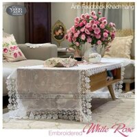 Khăn trải bàn phòng khách, khăn màu trắng thêu chỉ trắng hoa Hồng, KBWR-E