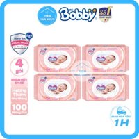 [KHĂN ƯỚT BOBBY] - Lốc 4 Gói 100 Miếng - Khăn Giấy Ướt Em Bé Bobby Care Hương Thơm Nhẹ Nhàng (Bobby Hồng) - NHI.TNL