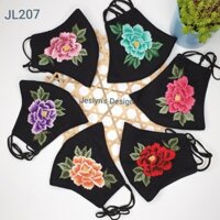 Khẩu trang thêu tay vải linen hình hoa Mẫu đơn JL207