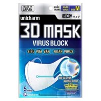 Khẩu trang Virus Block Unicharm 3D Mask ( Gói 5 Cái )ngăn vi-rút, chống bụi bẩn bảo vệ sức khỏe