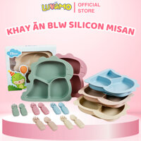 Khay ăn dặm cho bé silicon chống đổ có đế hít kèm thìa hình Khủng long Misan, khay đựng đồ ăn dặm 3 ngăn blw luvamo