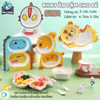 Khay Ăn Dặm Cho Bé Sợi Tre 5in1 Gồm Khay 2 Ngăn, Bát, Cốc, Thìa, Dĩa, Khay Đựng Đồ Ăn Cho Bé Họa Tiết Thú Dễ Thương