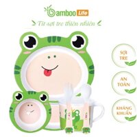 Khay ăn dặm ếch xanh cho bé sợi tre Bamboo Life BL040 gồm 5 chi tiết gồm thìa, dĩa, khay, bát, cốc dành cho trẻ em