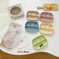 Khay ăn dặm silicon 4 ngăn hình chữ nhật có kèm nắp đậy cho bé, Khay ăn dặm Cocobear có đế hít cho bé ăn BLW