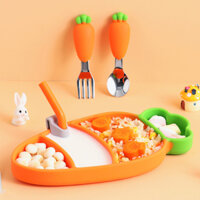 Khay ăn dặm silicon Carot cho bé kèm thìa dĩa, có đế hít, bát ăn dặm trẻ em