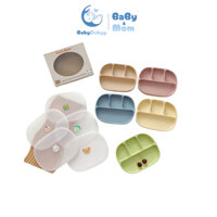 Khay ăn dặm silicon Cocobear 4 ngăn hình chữ nhật có kèm nắp đậy cho bé, Khay ăn dặm Cocobear có đế hít cho bé ăn BLW