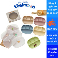 Khay ăn dặm silicon Cocobear 4 ngăn hình chữ nhật có kèm nắp đậy cho bé, Khay ăn dặm Coco bear có đế hít cho bé ăn BLW