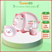 Khay ăn dặm sợi tre Bamboo Life BL031 bộ chén ăn dặm cao cấp 5 món gồm thìa, dĩa, khay, bát, cốc hình thú cute