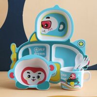 Khay ăn dặm sợi tre thiên nhiên Bamboo - Bộ chén ăn dặm cao cấp 5 chi tiết thìa, dĩa, khay, bát, cốc