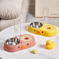 Khay ăn đôi inox con vịt kèm bình nước tự động 500ml cho chó mèo, Bát ăn đôi cho chó mèo