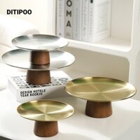 Khay Chân Cao DITIPOO, Khay Bánh Inox Ổn Định, Đế Bằng Gỗ Hộp Đựng Đồ Ăn Nhẹ Đa Năng Trang Trí Nhà Cửa