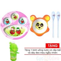 Khay cho bé tập 4 ngăn hình tròn bằng nhựa + Chén cho bé tập ăn hình gấu + 2 muỗng ăn dặm cán dài TẶNG bình uống nước