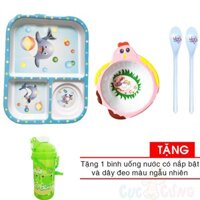 Khay cho bé tập ăn 3 ngăn + Tô cho bé tập ăn hình gà + 2 muỗng ăn dặm cán dài TẶNG bình uống nước