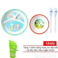 Khay cho bé tập ăn 3 ngăn + Tô cho bé tập ăn hình gà + 2 muỗng ăn dặm cán dài TẶNG bình uống nước